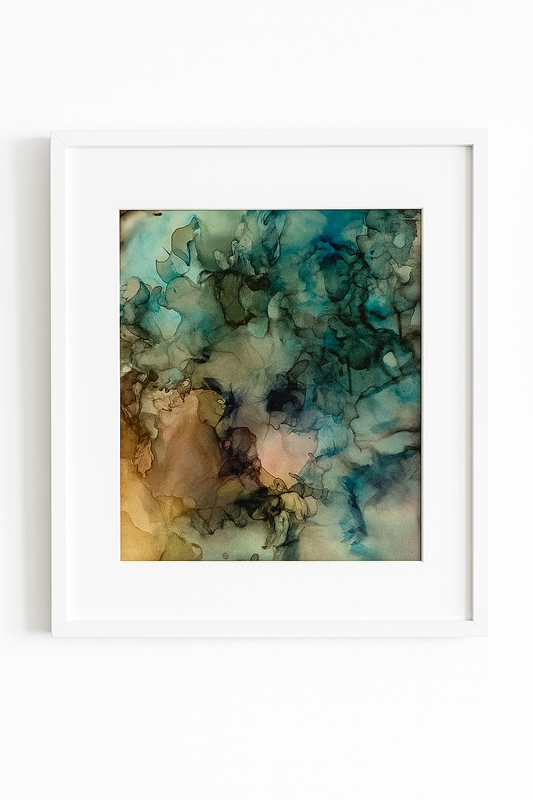 Tavla i alkoholbläck. Vit ram 22x22 cm. Målningen med passepartout 14x14 cm.