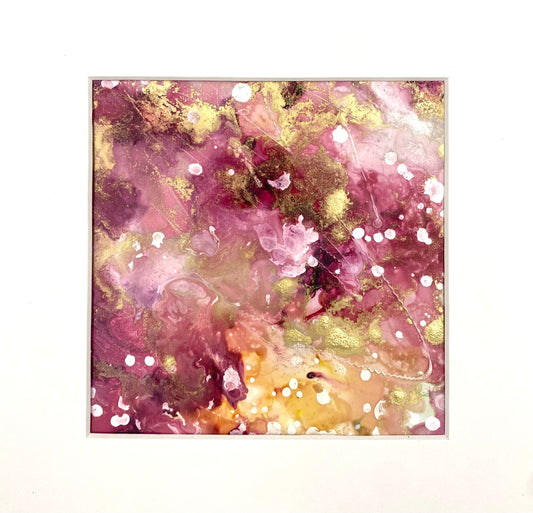 Tavla i alkoholbläck. Vit ram 20x20 cm. Målningen med passepartout 11.5x11.5 cm.