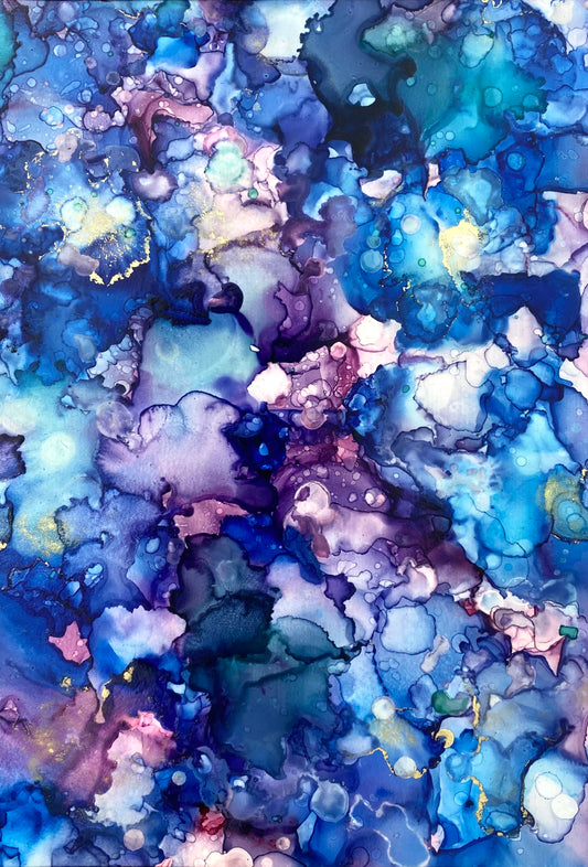 Tavla i alkoholbläck. Vit djup ram 23x18 cm. Målningen med passepartout 14x10 cm.