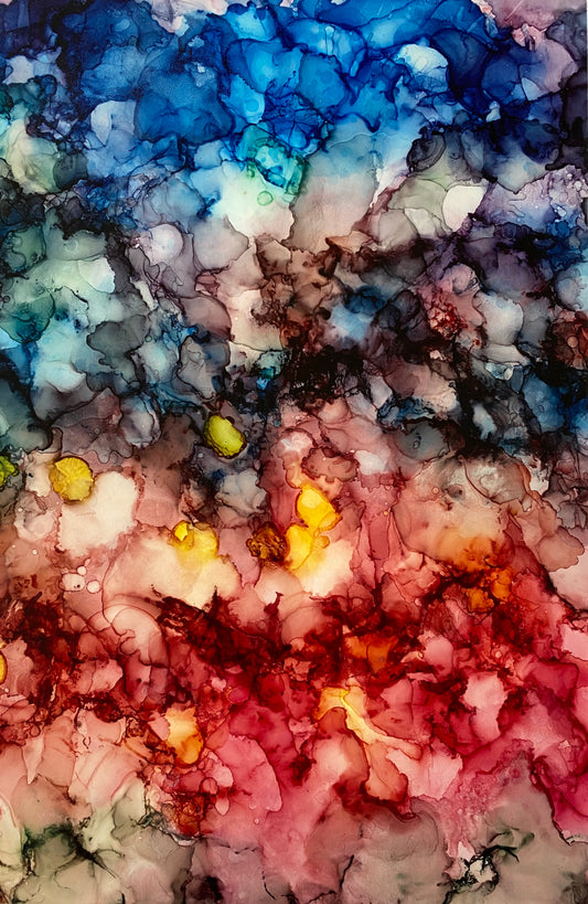 Tavla i alkoholbläck. Vit ram 30x40 cm. Målningen med passepartout 20x30 cm.