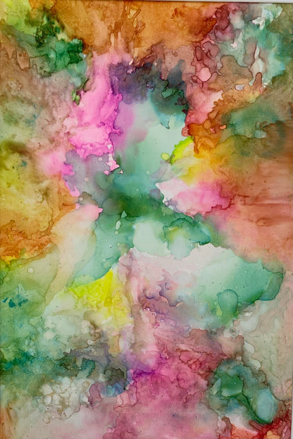 Tavla i alkoholbläck. Guldfärgad ram 40x30 cm. Målningen med passepartout 31x22 cm.