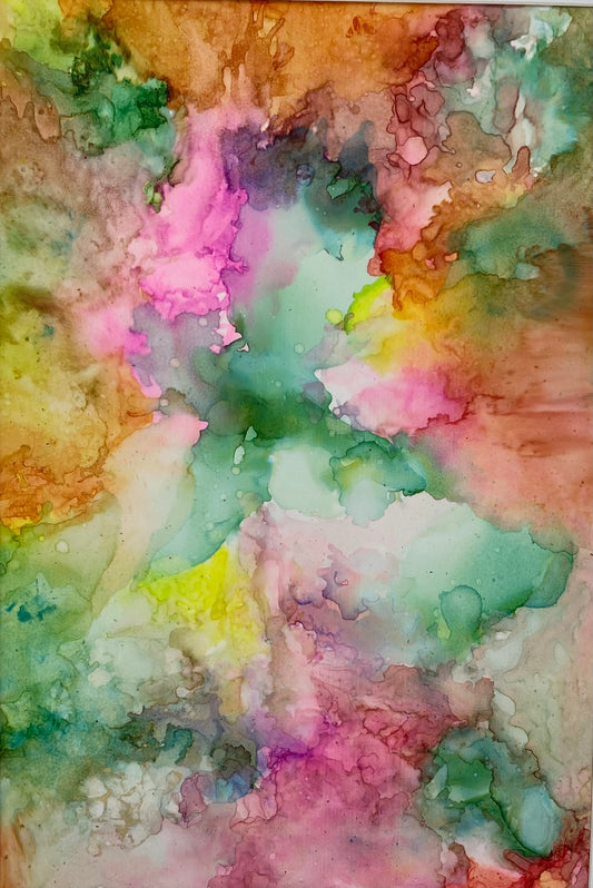 Tavla i alkoholbläck. Guldfärgad ram 40x30 cm. Målningen med passepartout 31x22 cm.