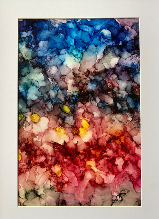 Tavla i alkoholbläck. Vit ram 30x40 cm. Målningen med passepartout 20x30 cm.