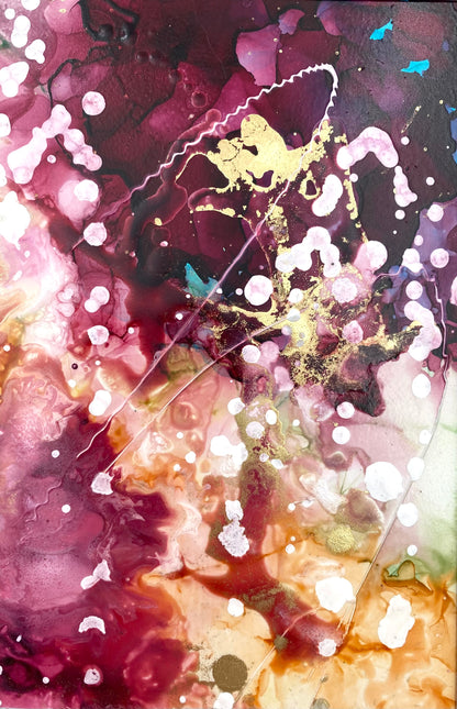 Tavla i alkoholbläck. Vit djup ram 23x18 cm. Målningen med passepartout 14x10 cm.