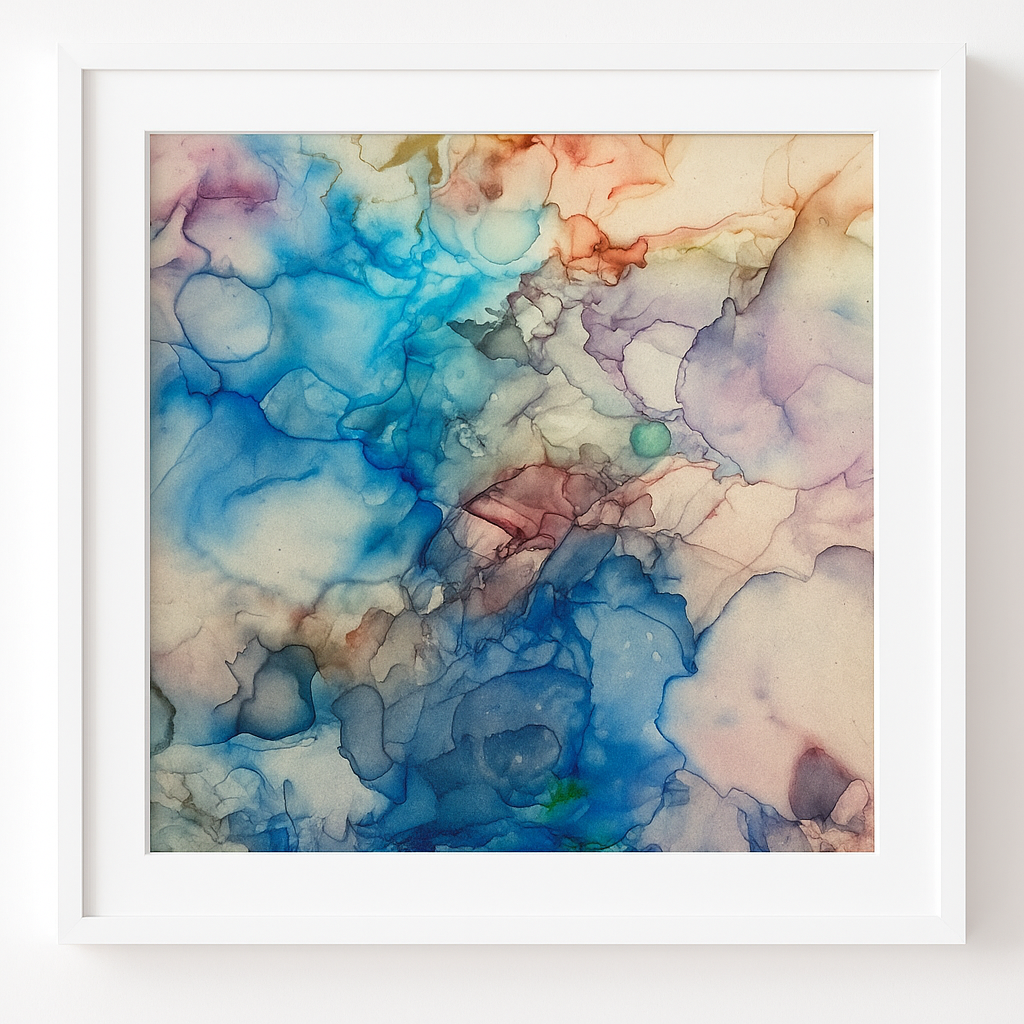 Tavla i alkoholbläck. Vit ram 22x22 cm. Målningen med passepartout 14x14 cm.