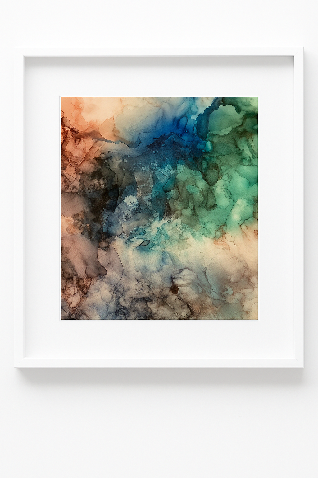 Tavla i alkoholbläck. Vit ram 22x22 cm. Målningen med passepartout 14x14 cm.