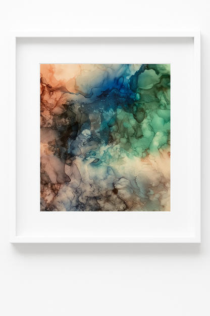 Tavla i alkoholbläck. Vit ram 22x22 cm. Målningen med passepartout 14x14 cm.