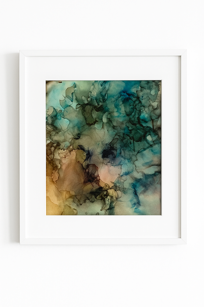 Tavla i alkoholbläck. Vit ram 22x22 cm. Målningen med passepartout 14x14 cm.